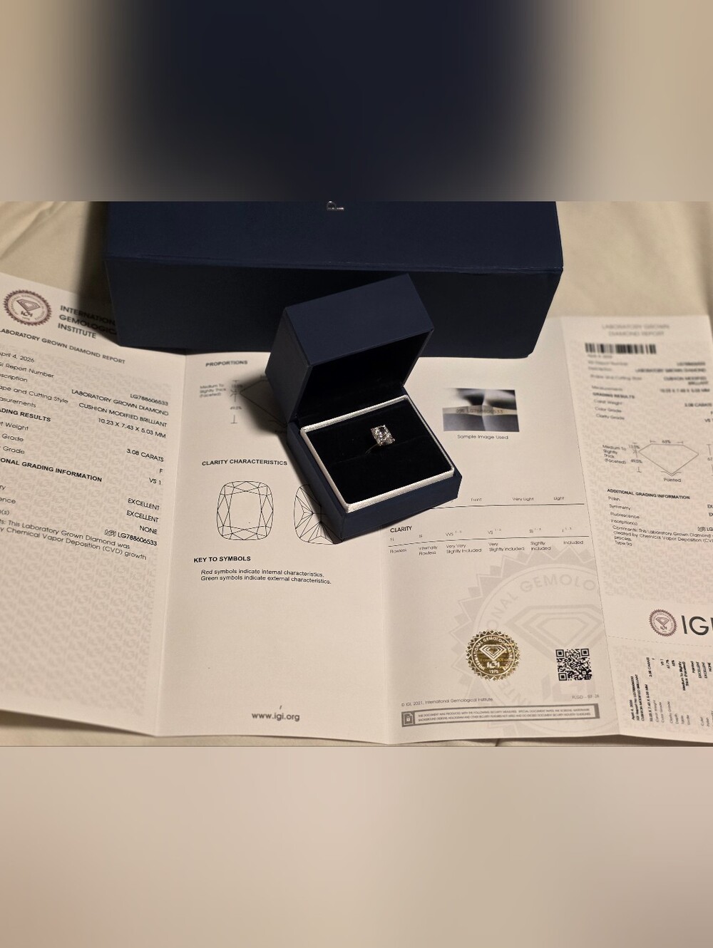IGI Certified 3.08 CT Cushion Cut Lab Diamond Ring F/VS1 Two-Tone Gold Solitaire